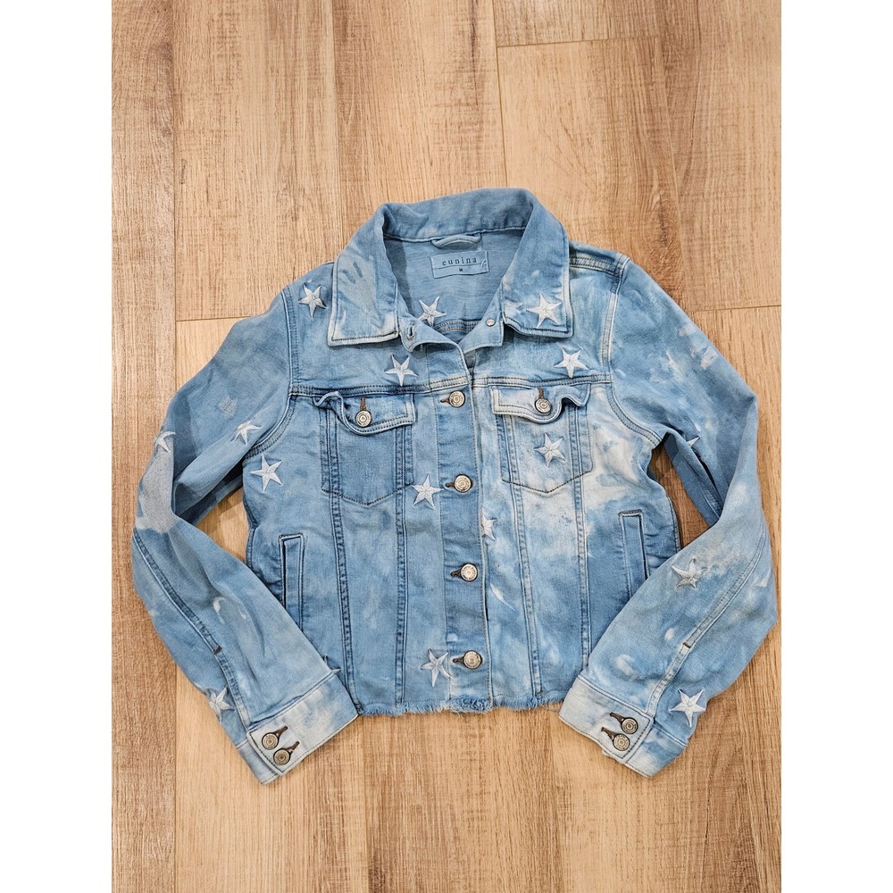 Eunina Star Embroidered Denim Jacket Womens M Blue Bleached Crop Raw Hem Stretch